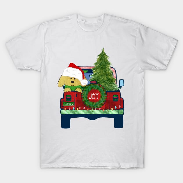 Cute Christmas Golden Doodle Jeep Bringing Home Tree T-Shirt by emrdesigns